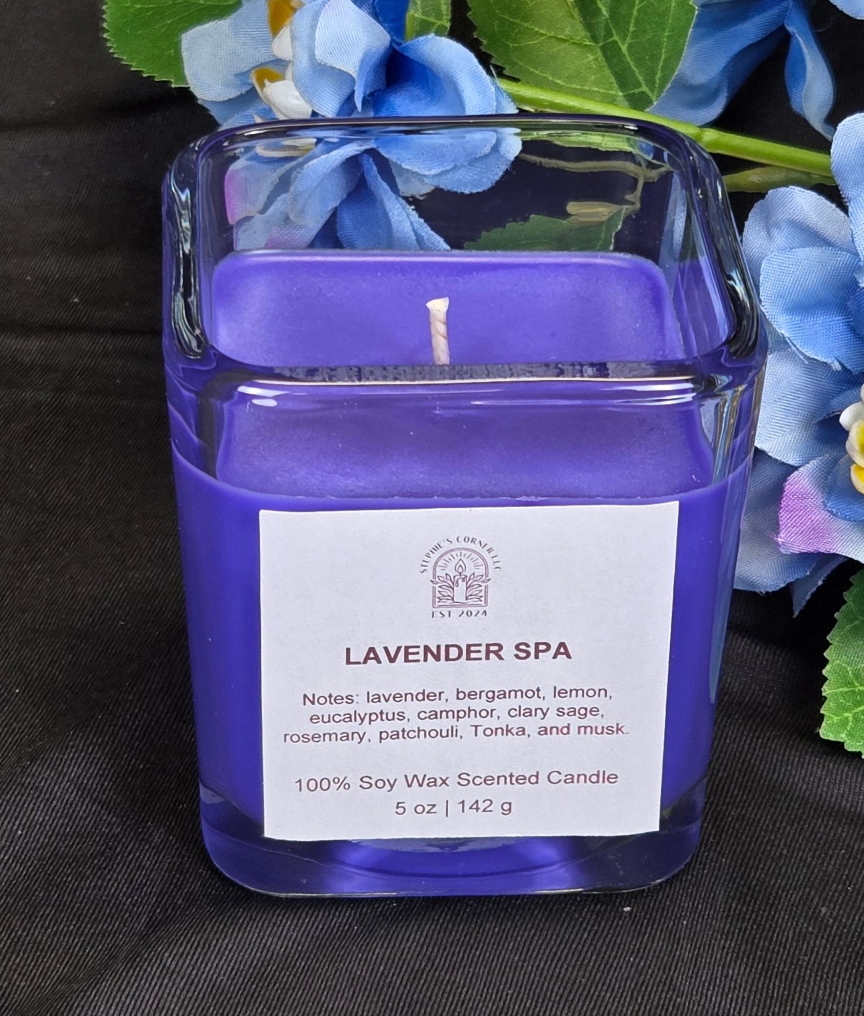 Lavender Spa scented 100% soy candle in a 5 ounce glass cube jar.