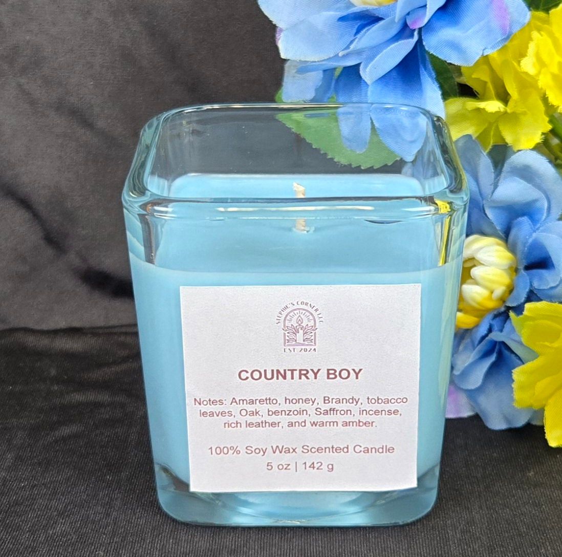 Country Boy scented 100% soy candle in a 5 ounce glass cube jar.