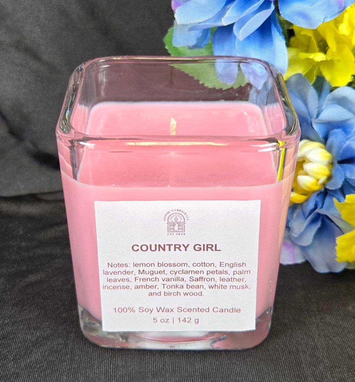 Country Girl scented 100% soy candle in a 5 ounce glass cube jar.