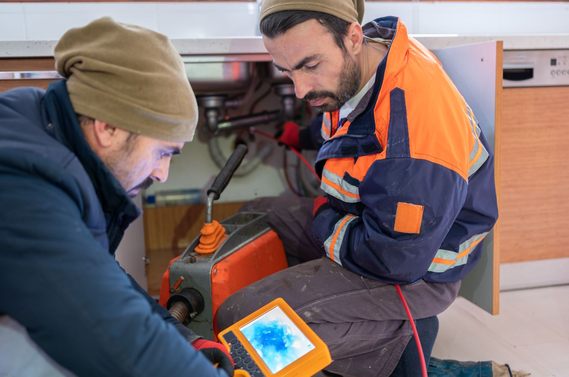 Plumbers are checking a kitchen pipe with a video borescope.