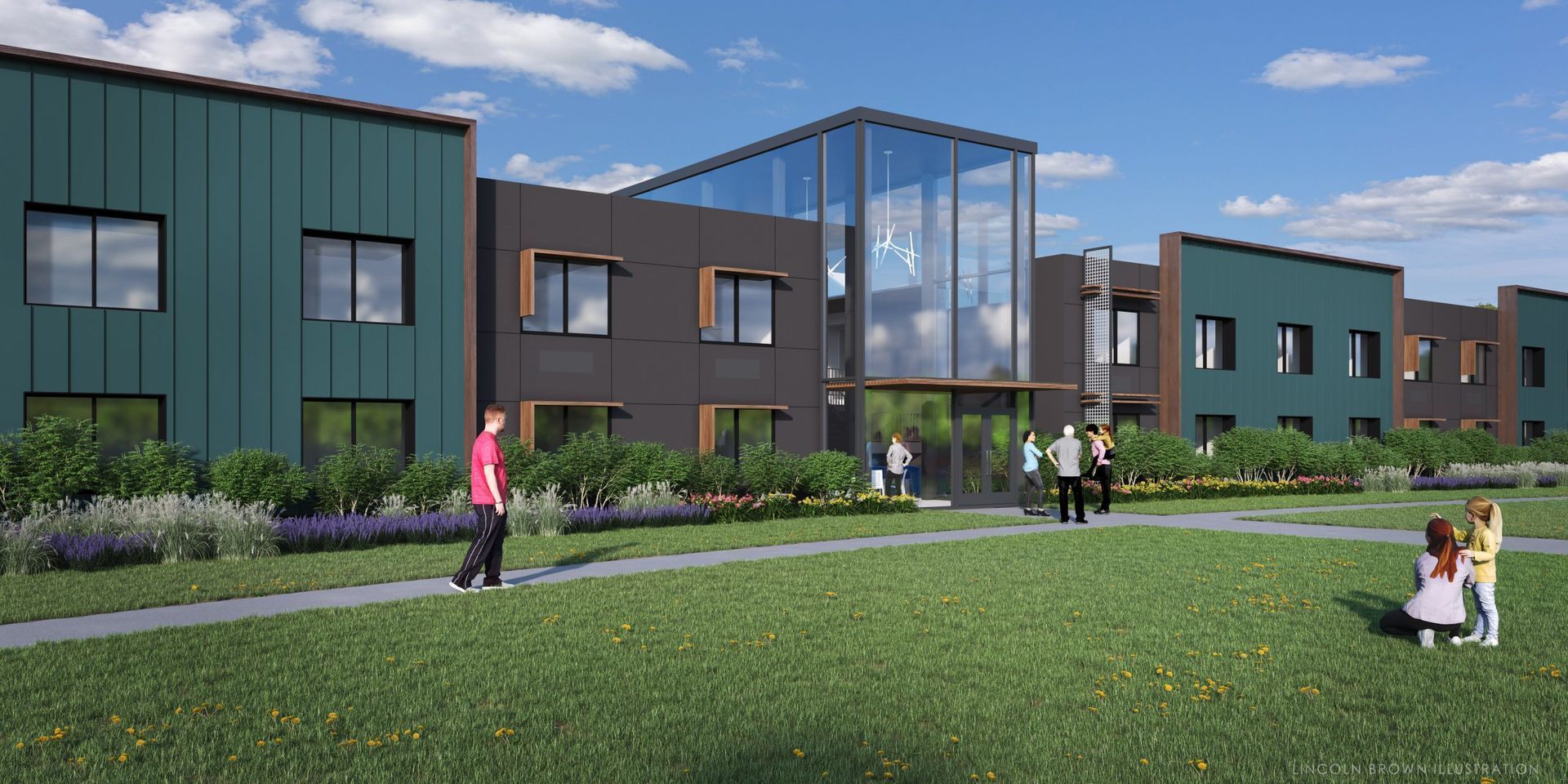 Exterior rendering of a modern school building with green and gray panels, glass entrance, and children on the lawn.