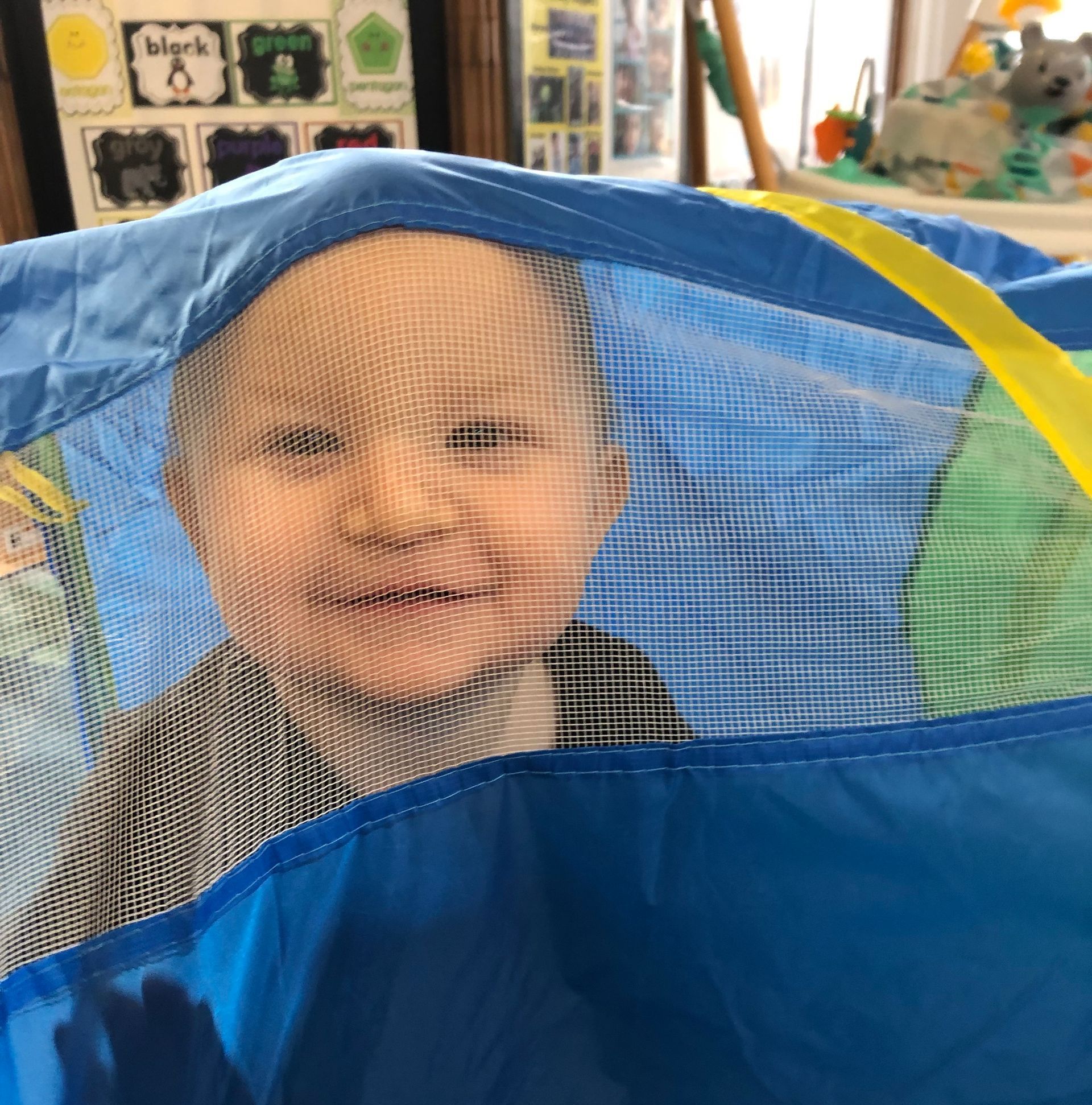 Smiling toddler peeks through blue mesh tent.