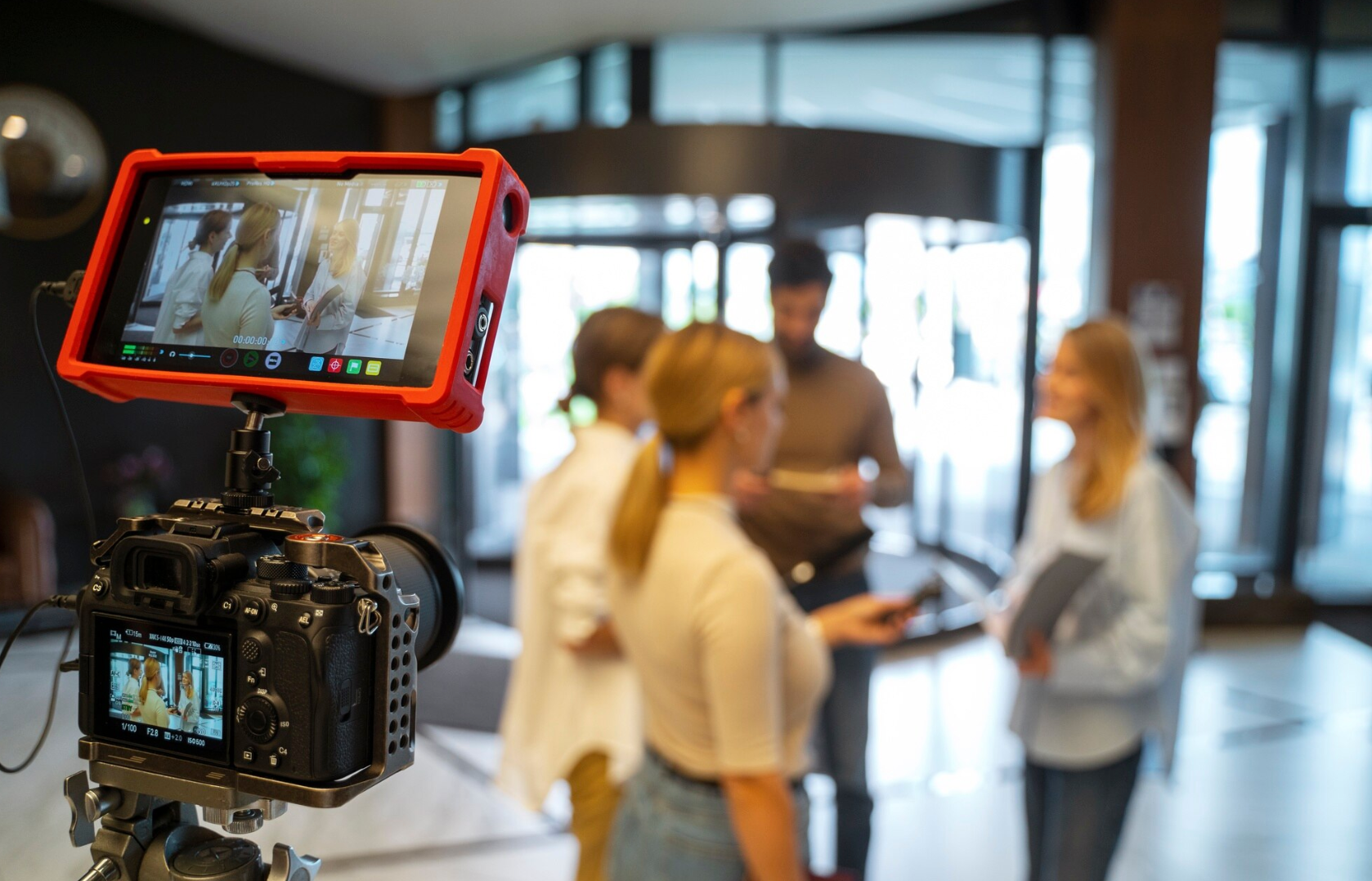 Camera filming a group of people in a lobby, with a red monitor displaying the shot.