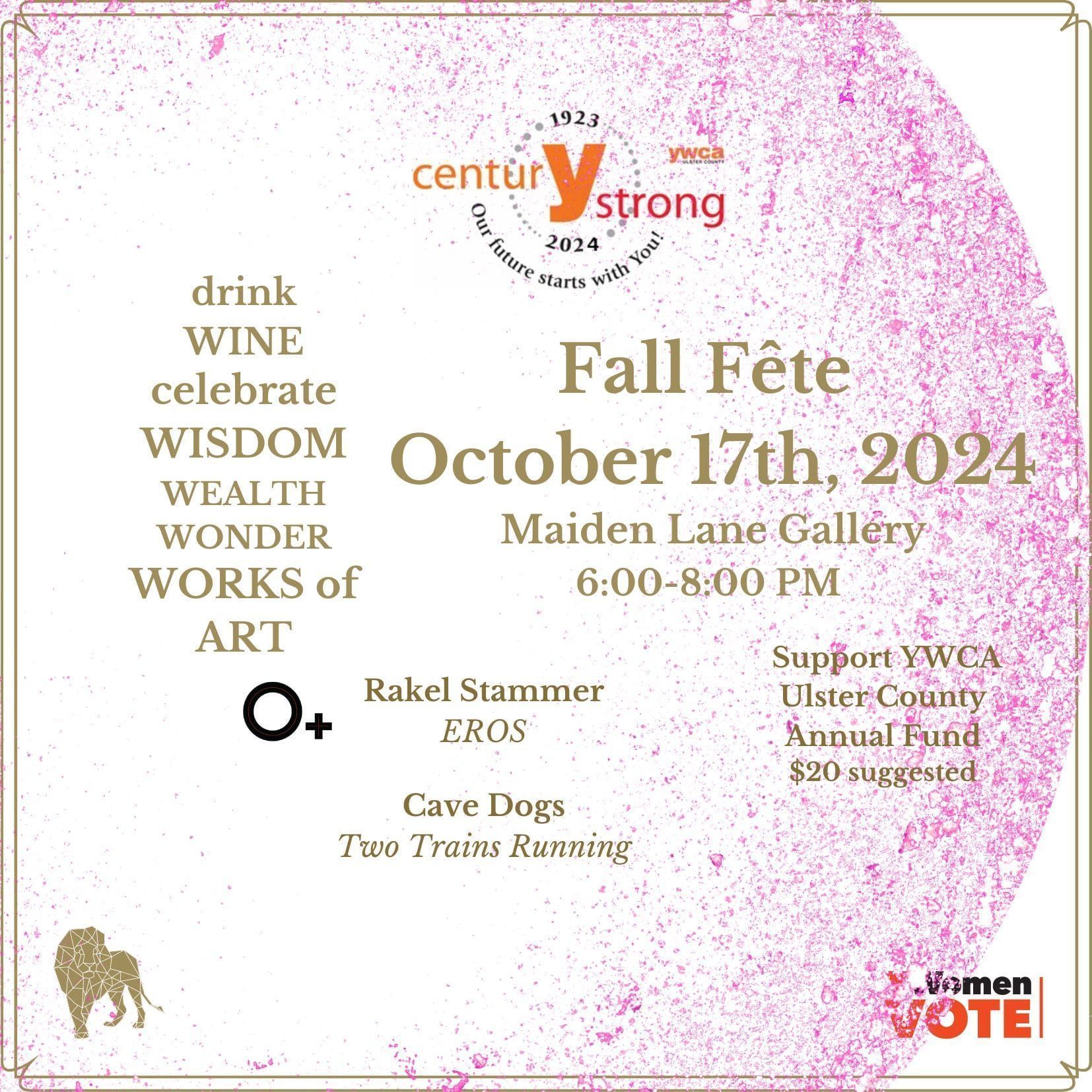 Fall Fête event at Maiden Lane Gallery on October 17, 2024. Features wine, art, and music, supporting YWCA.