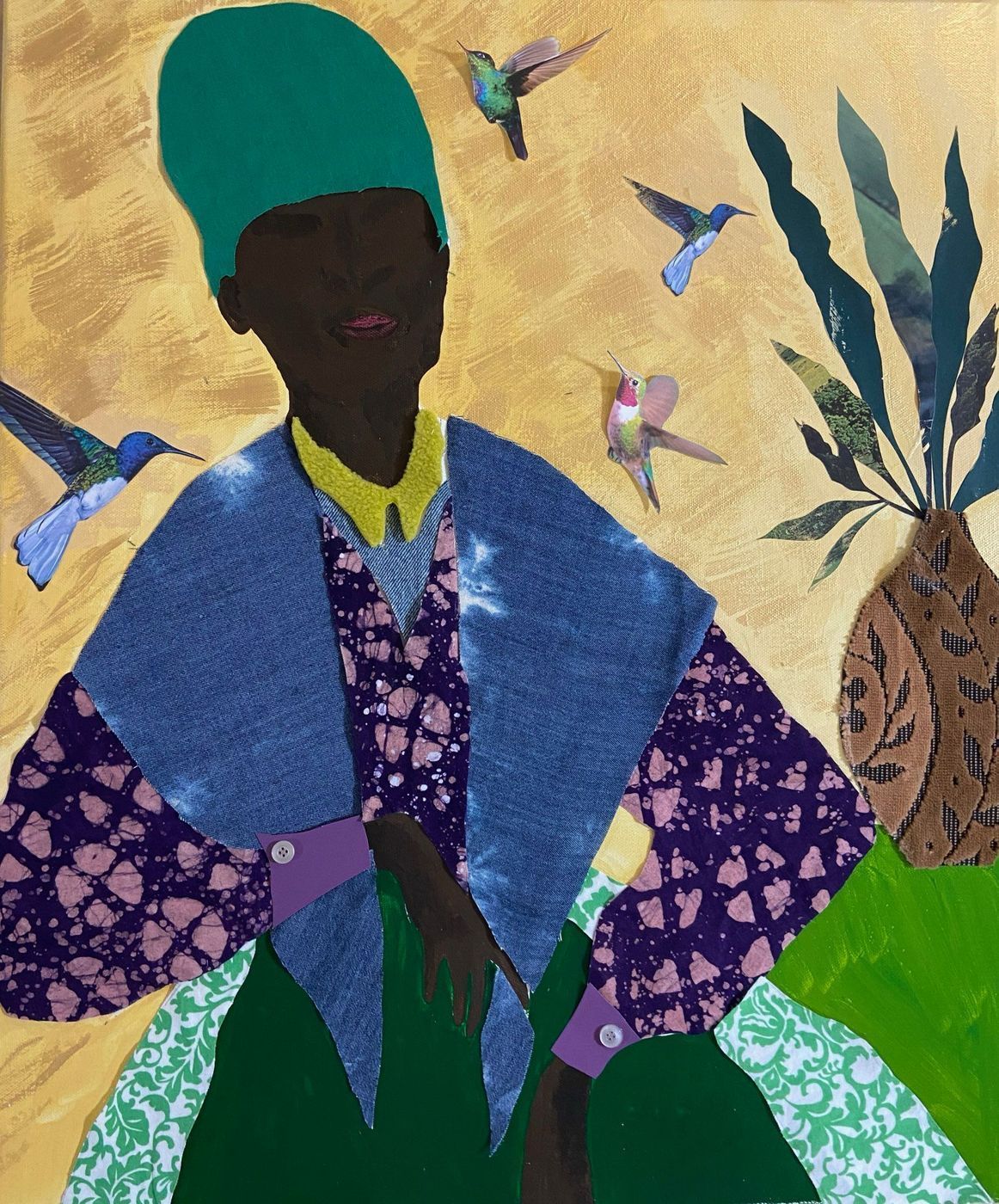 Woman in colorful patchwork clothing, surrounded by hummingbirds and greenery.