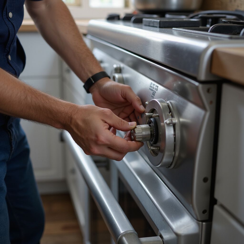 Person adjusts a silver stove knob in a bright kitchen for stove repair