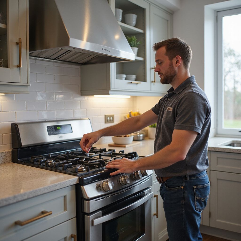 Man in grey shirt, working on a stainless steel gas range in a kitchen.