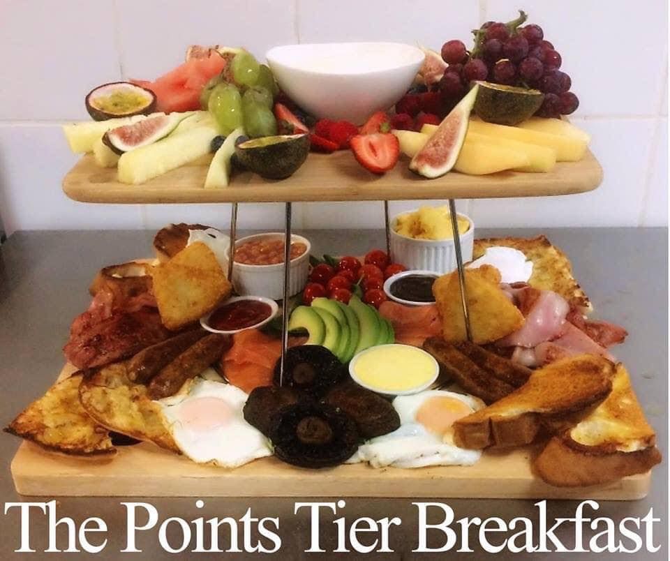 A Tray of Food with The Words the Points Tier Breakfast on It — The Point Cafe Restaurant in Port Macquarie, NSW