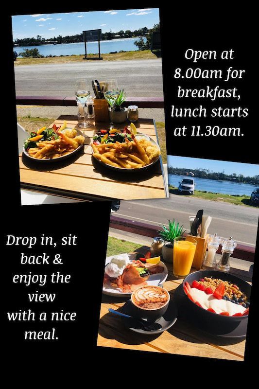 A Collage of Pictures of Food on A Table with A River in The Background — The Point Cafe Restaurant in Port Macquarie, NSW
