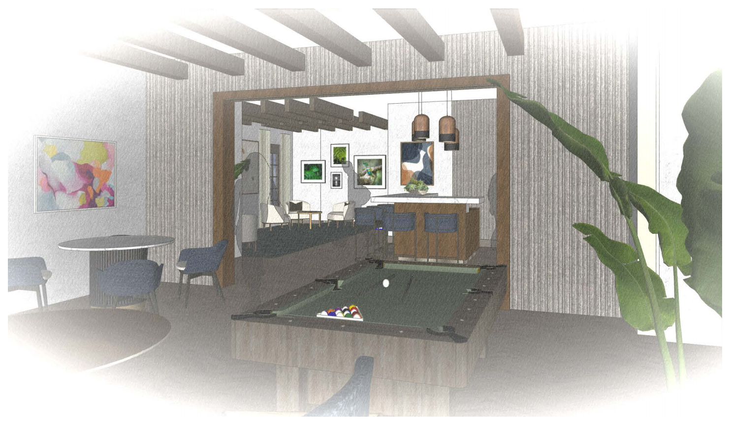 Interior rendering of a recreation room. Features a pool table, bar, and seating area.