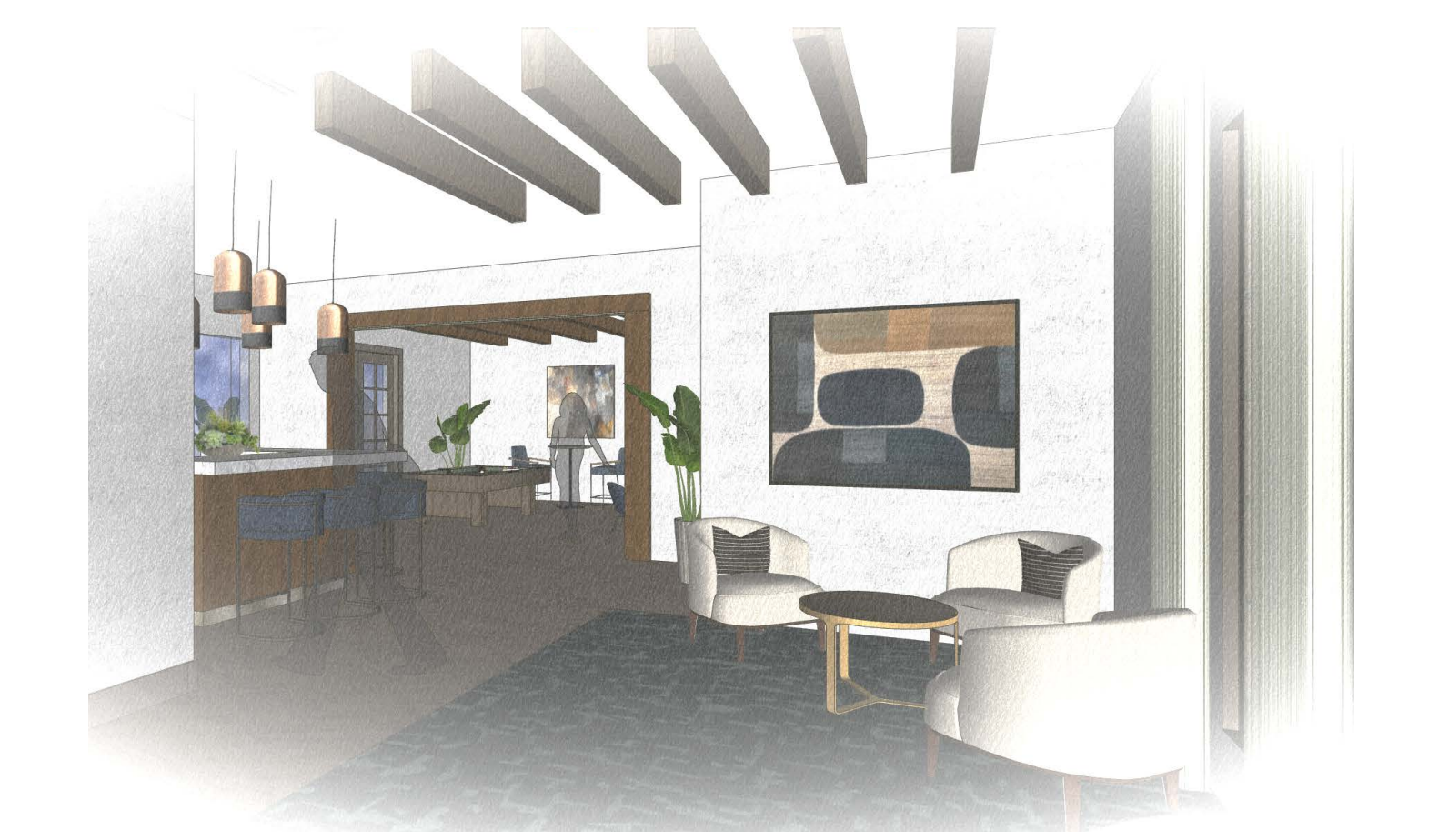 Modern interior sketch: living room with white walls, exposed beams, art, two chairs, and a small table.