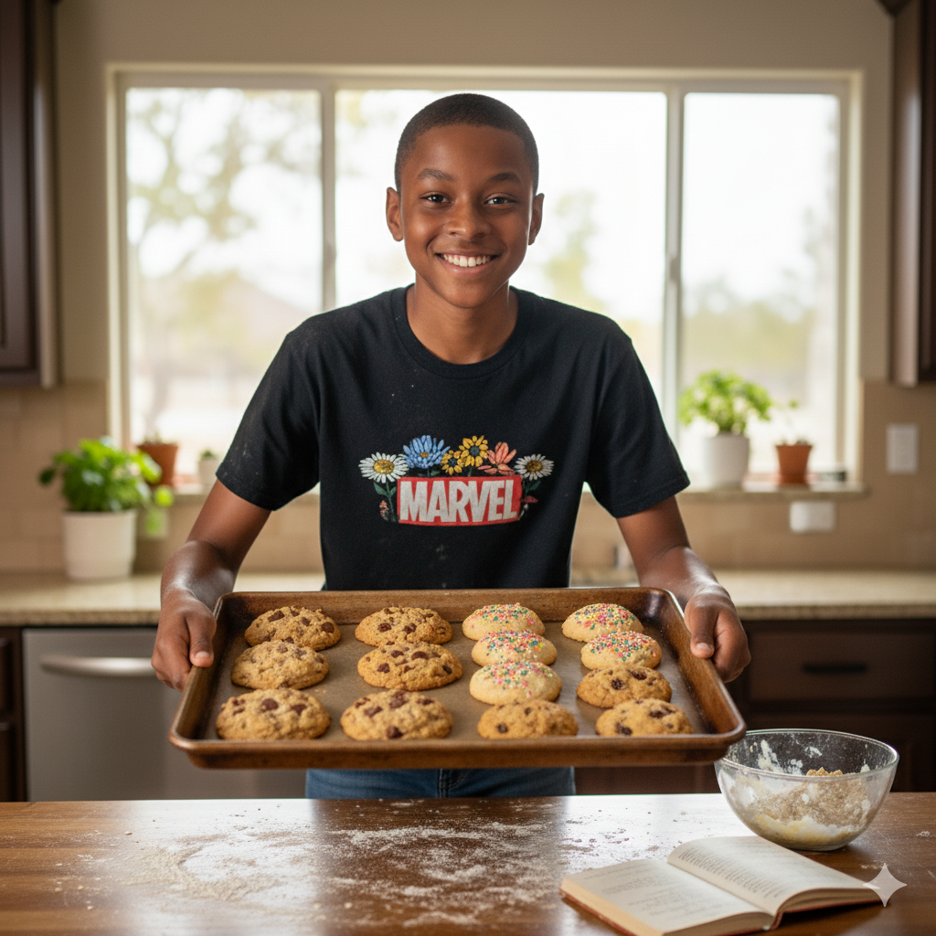 Young boy holding a tray of cookies, smiling in a kitchen; wearing a Marvel shirt.