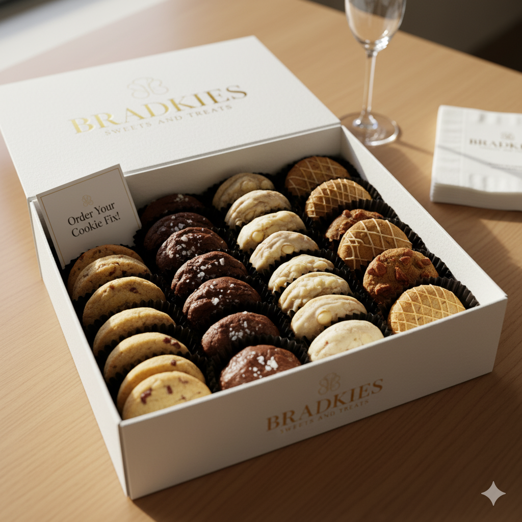 Opened box of Bradkies cookies with a glass of wine and napkin on a table.