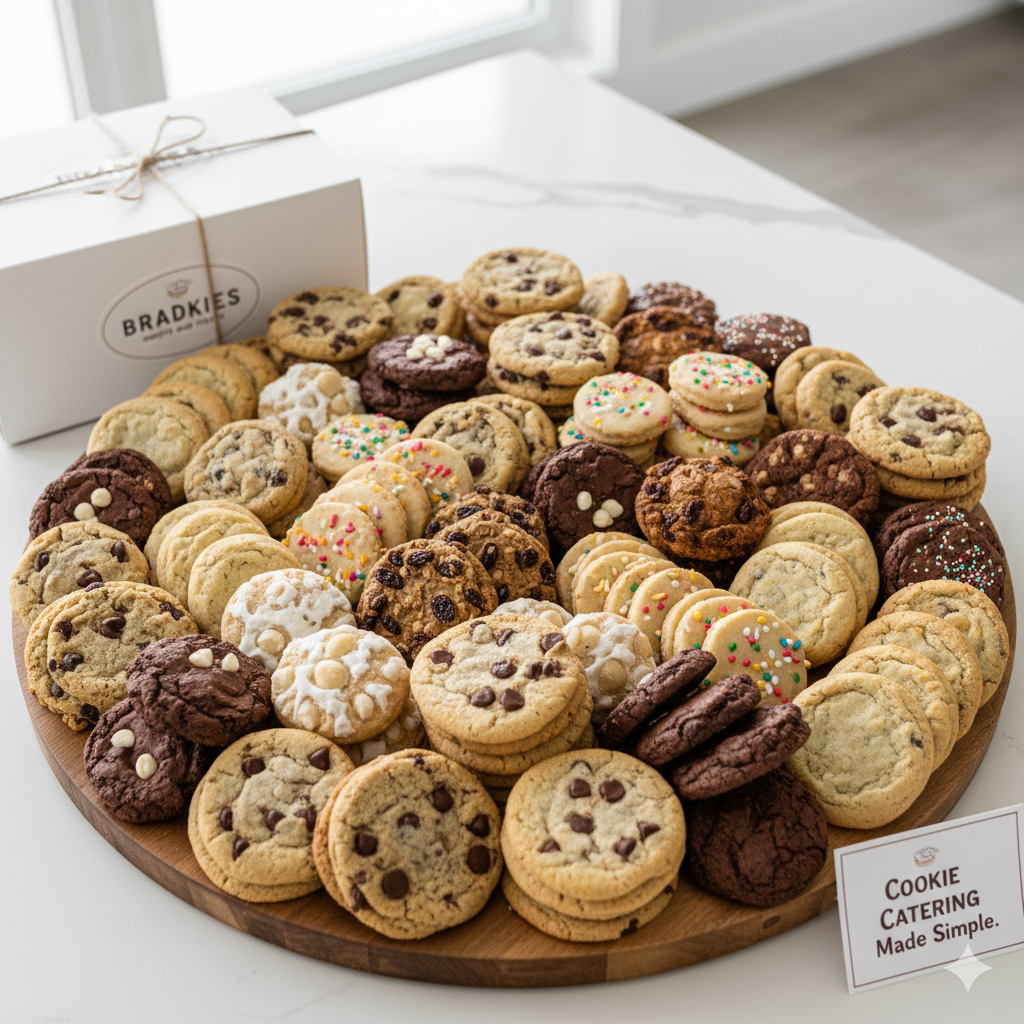 A large wooden tray overflowing with a variety of cookies, next to a gift box.