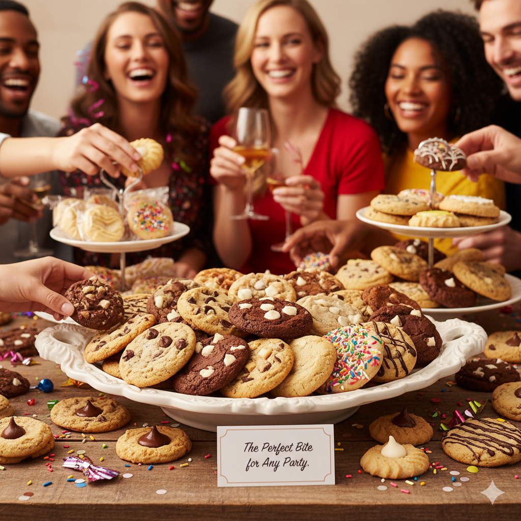 People laughing, reaching for cookies on a table, assorted flavors on display.