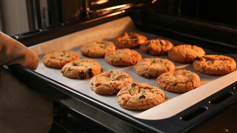 Cookies baking in an oven on a baking sheet lined with parchment paper.