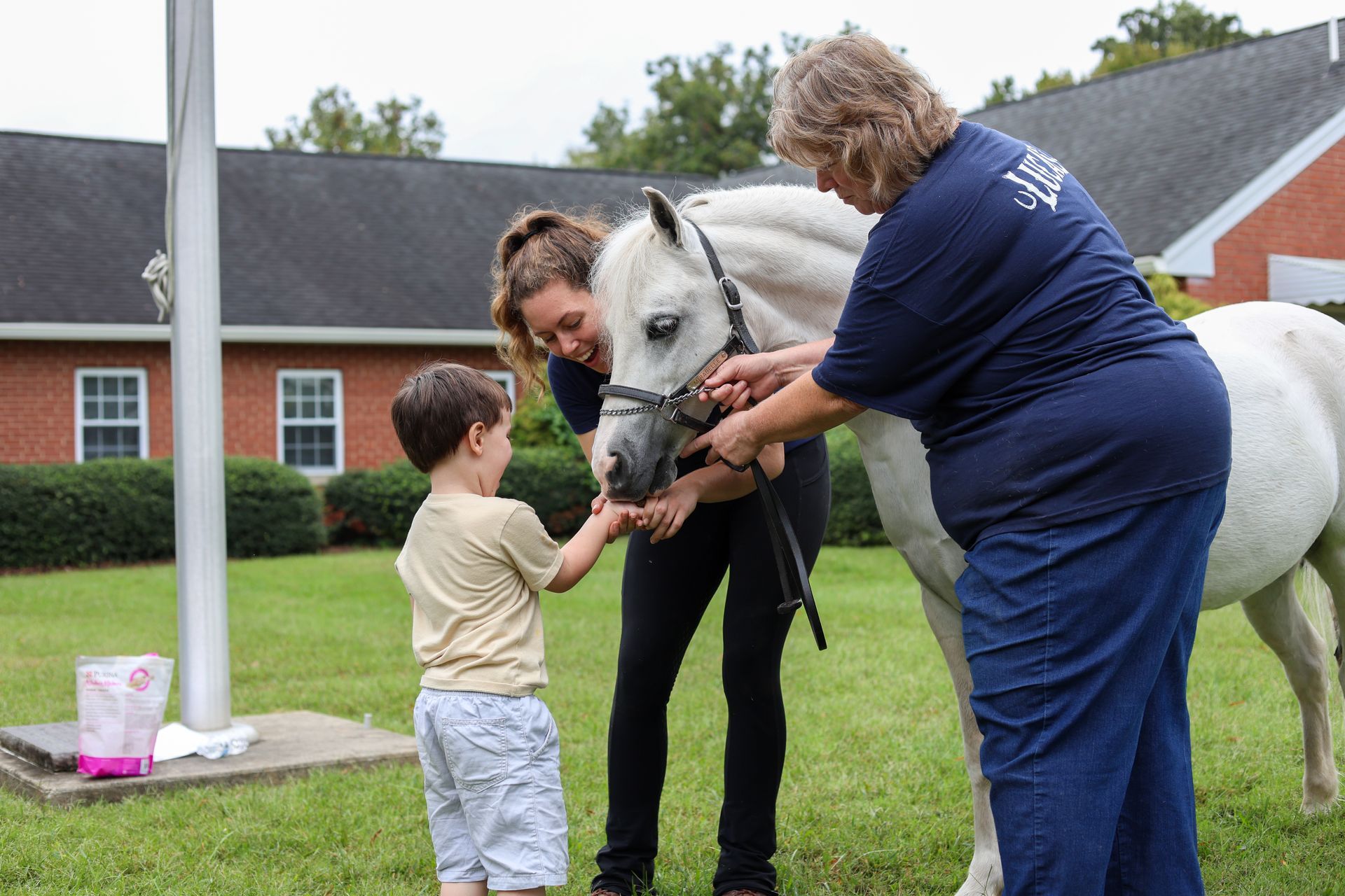 a boy touching the mouth of a white horse with help from two riding instructors