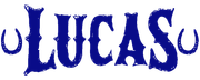 Lucas Logo in blue with horseshoes on each end