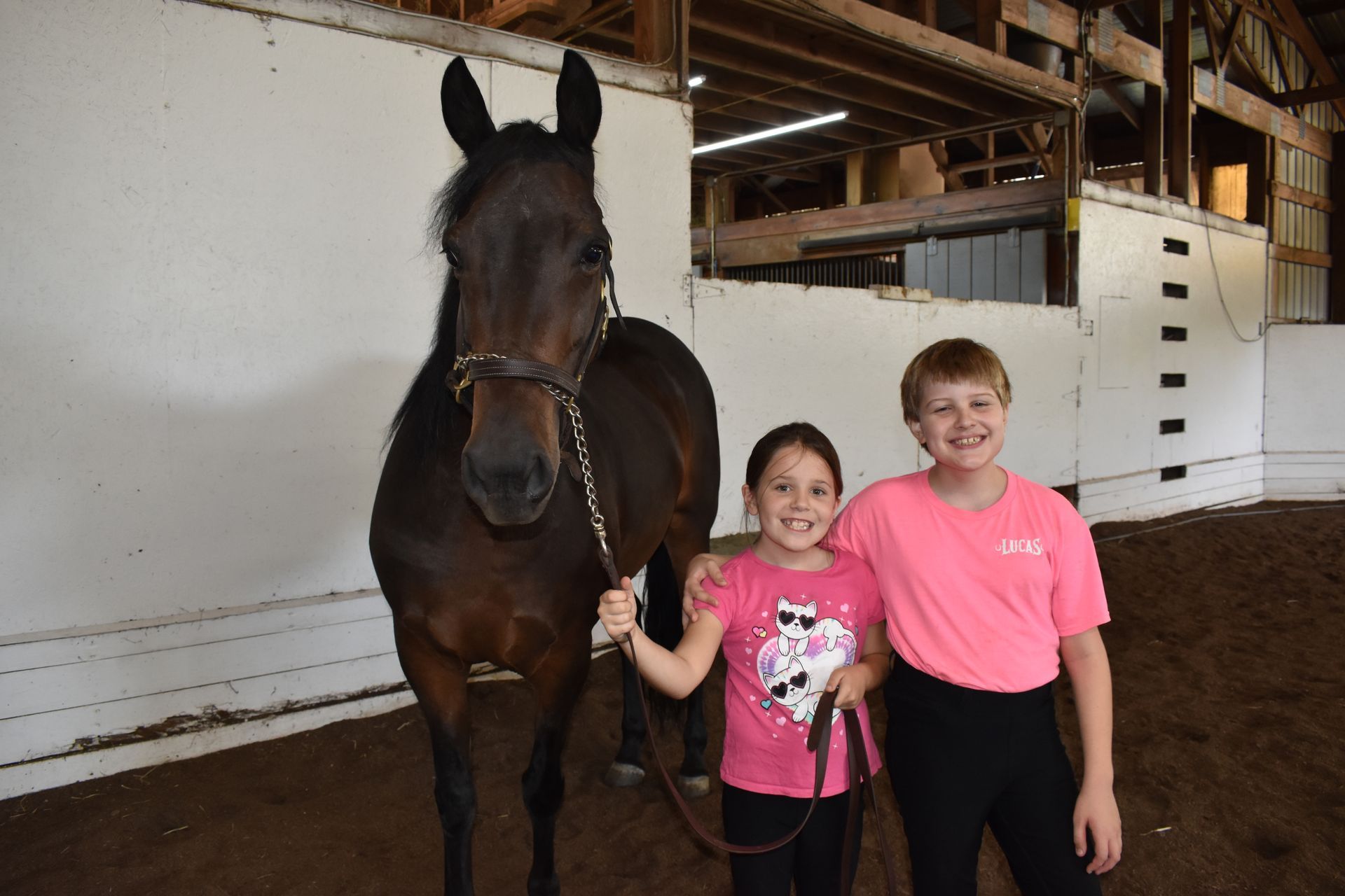 two children next to a brown horse inside the stable