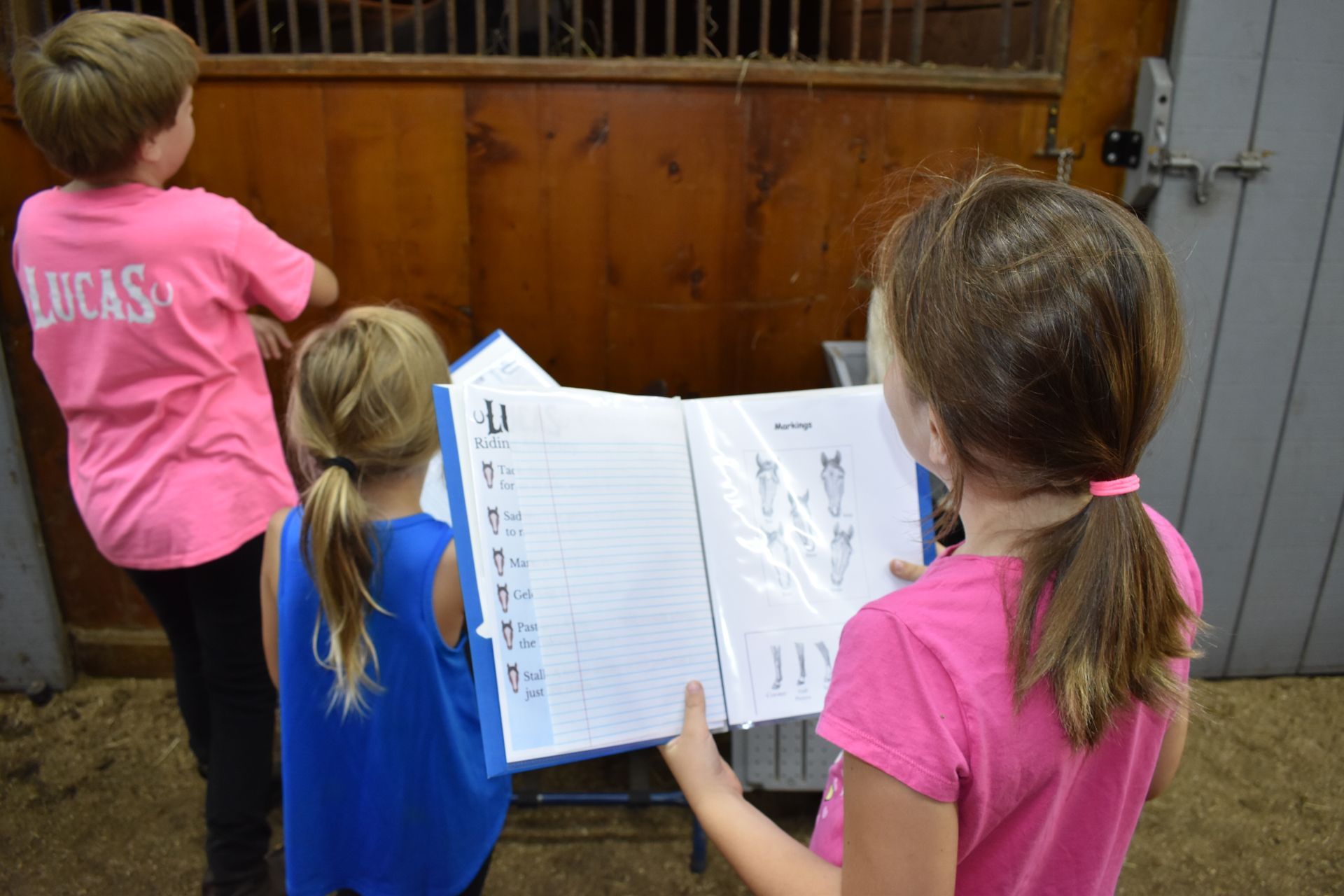 children in the tack room - one is looking at a folder with instructions