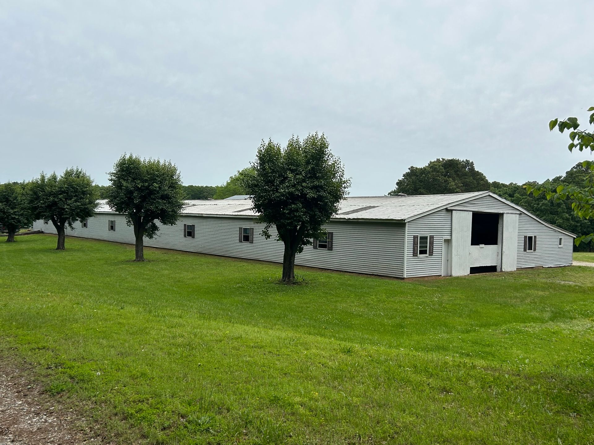 view of the long white barn surrounded by trees