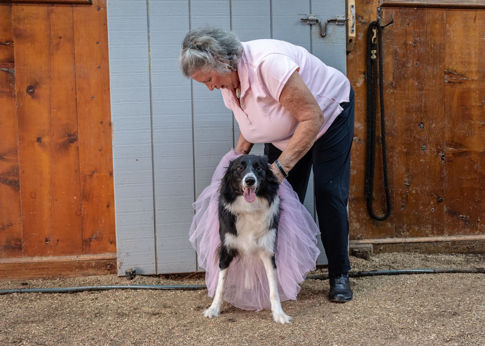 The riding instructor gives a thumbs up as a girl rides a white horse