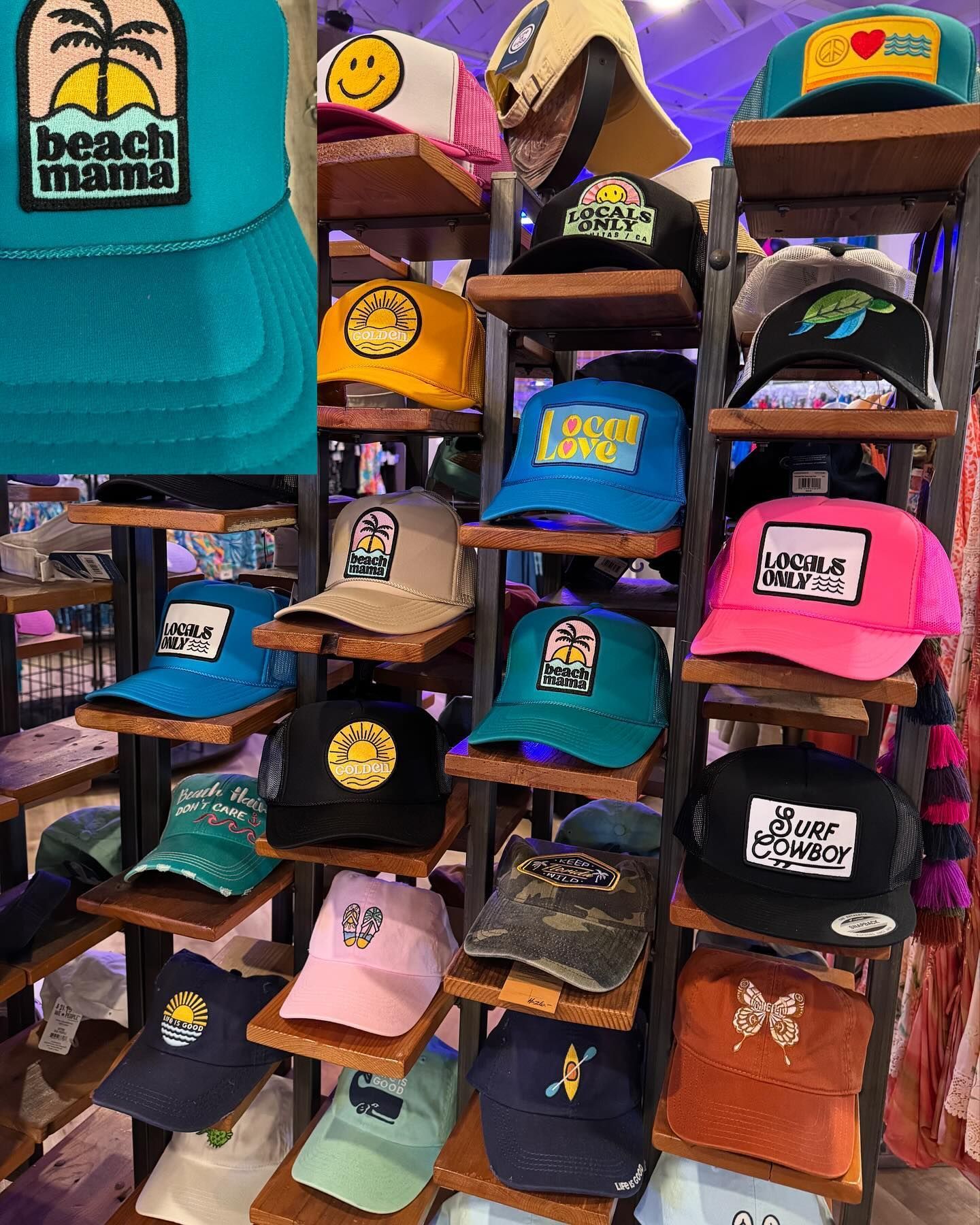 Hats displayed on wooden shelves; variety of colors and designs, including patches with text and images.
