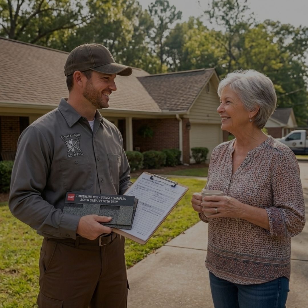 Man from Good Knight roofing communicating with customer