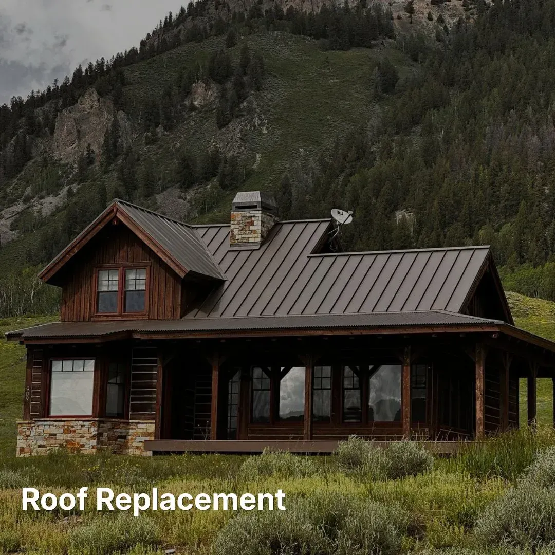 A rustic wooden cabin with a dark metal roof sits in a grassy field against a forested mountain backdrop.