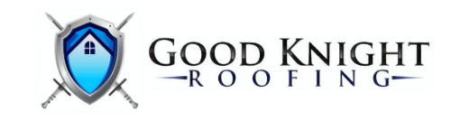 A logo for good knight roofing with a shield and crossed swords