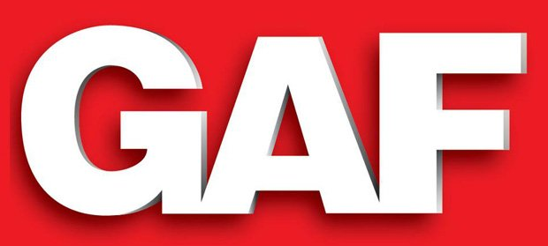The word gaf is written in white on a red background