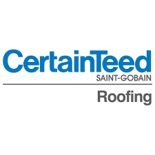 A blue and white logo for certainteed saint-gobain roofing