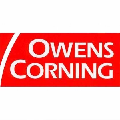 A red sign that says owens corning in white letters
