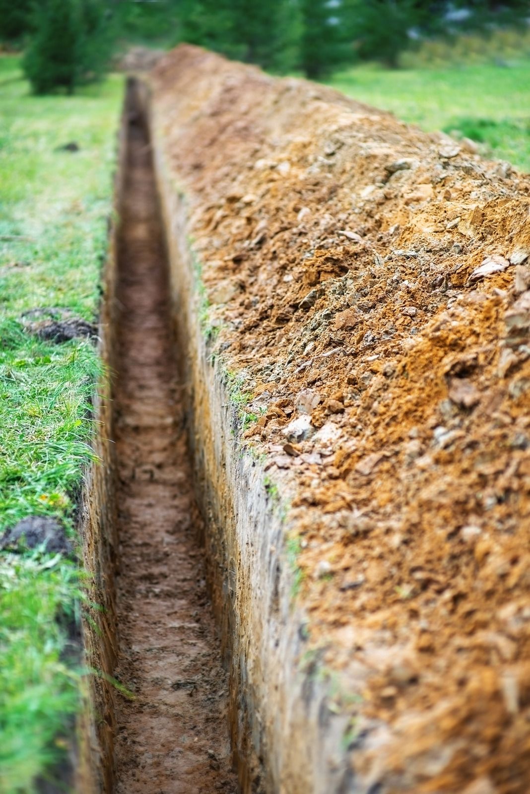 Long, narrow trench dug into soil on grassy ground.