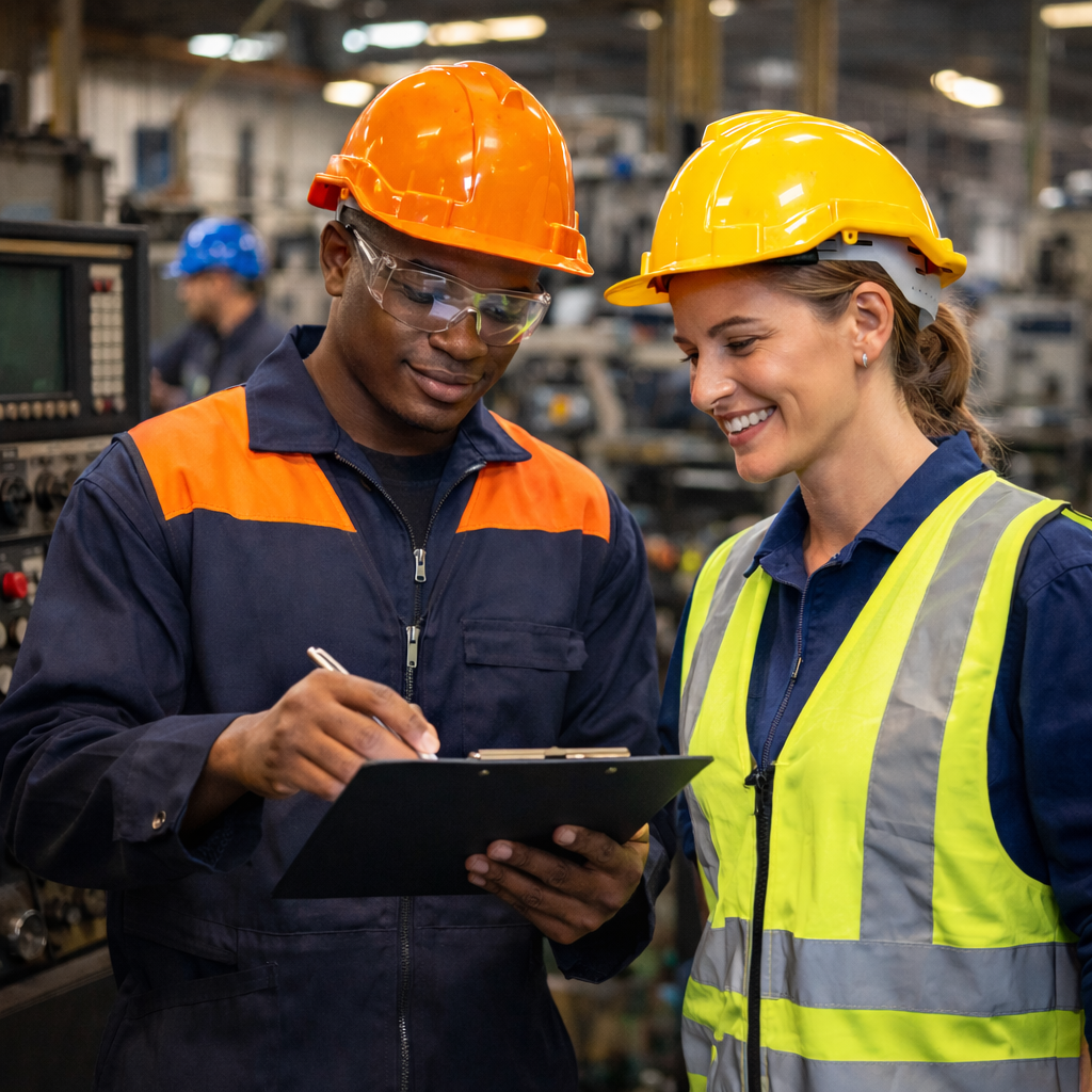 Two blue-collar workers are reviewing a document together.