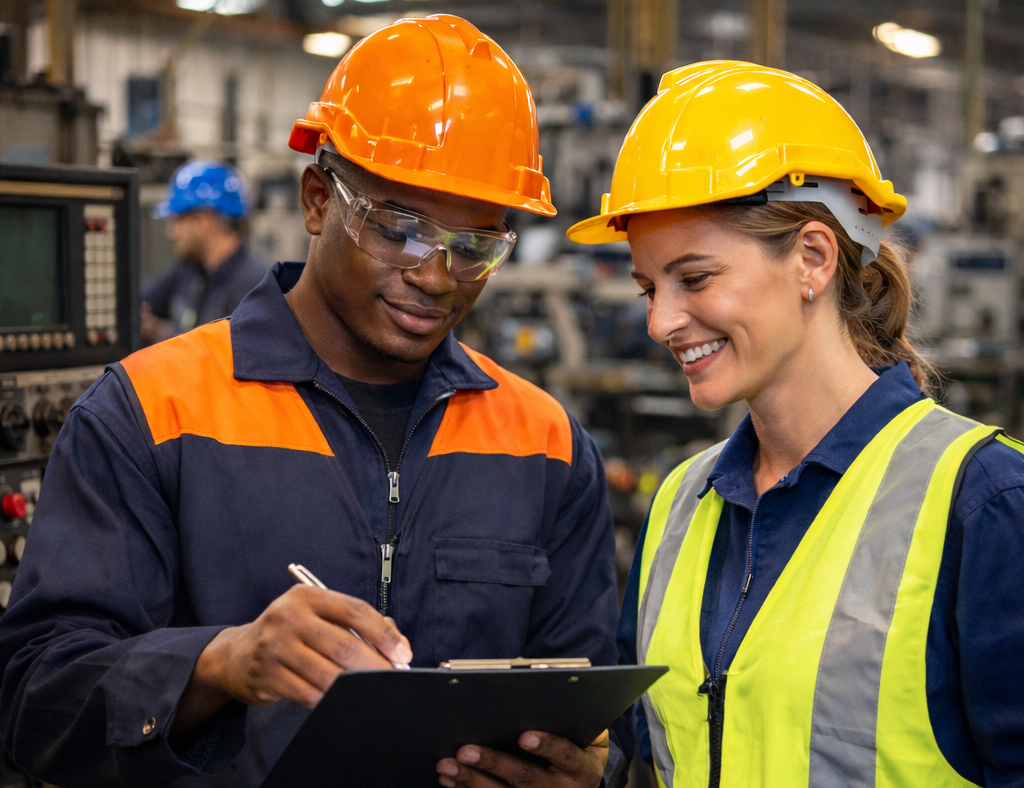 Two blue-collar workers reviewing a clipboard together on a modern manufacturing floor