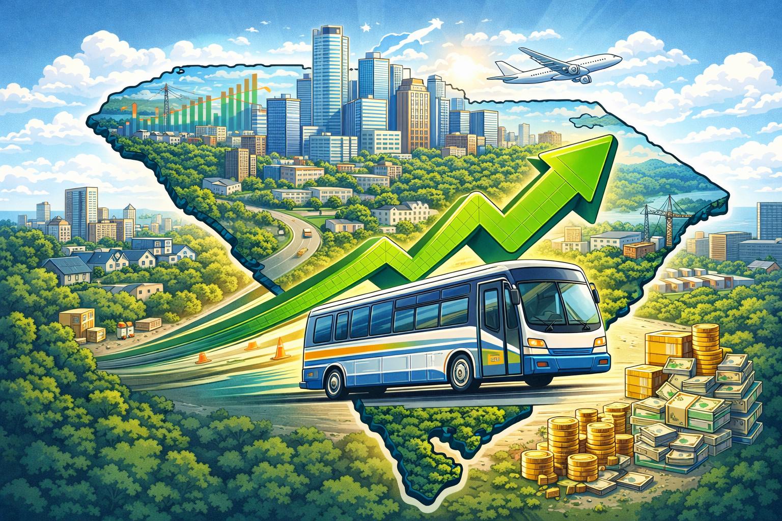 Animated illustration of South Carolina with growth imagery including an upward arrow and transit elements