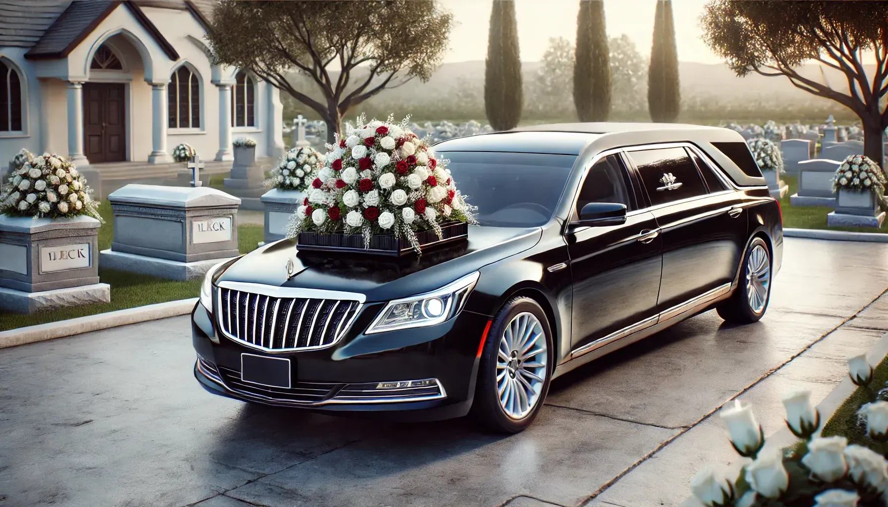 A black limousine with flowers on top of it is parked in front of a cemetery.