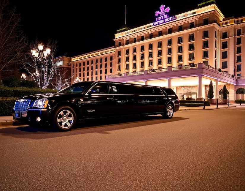 A black limousine is parked in front of a hotel at night
