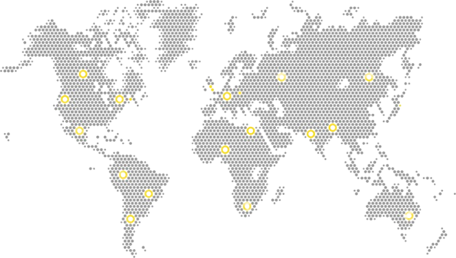 A map of the world with yellow dots on it.
