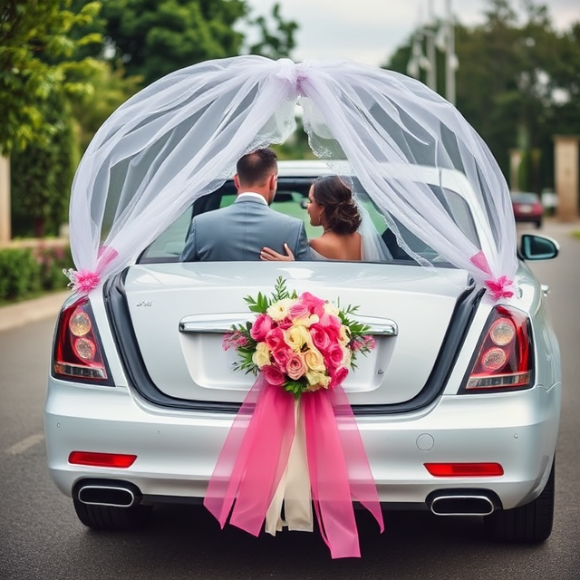 A bride and groom in the back of a wedding car