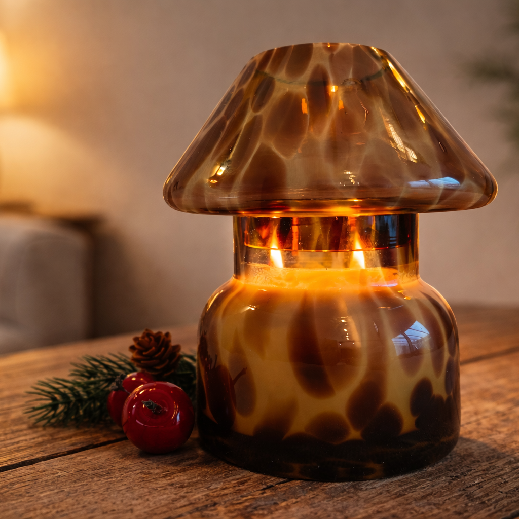 Kaarsenlamp, paddenstoelvormig, van amberkleurig glas, op een houten tafel met kerstversiering.