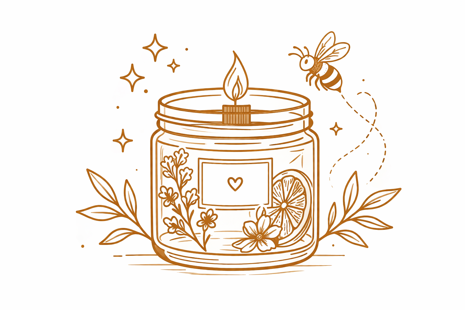 Een lijntekening van een brandende kaars in een glazen pot, versierd met bloemen, een schijfje citrusvrucht en een bij die er vlakbij vliegt.