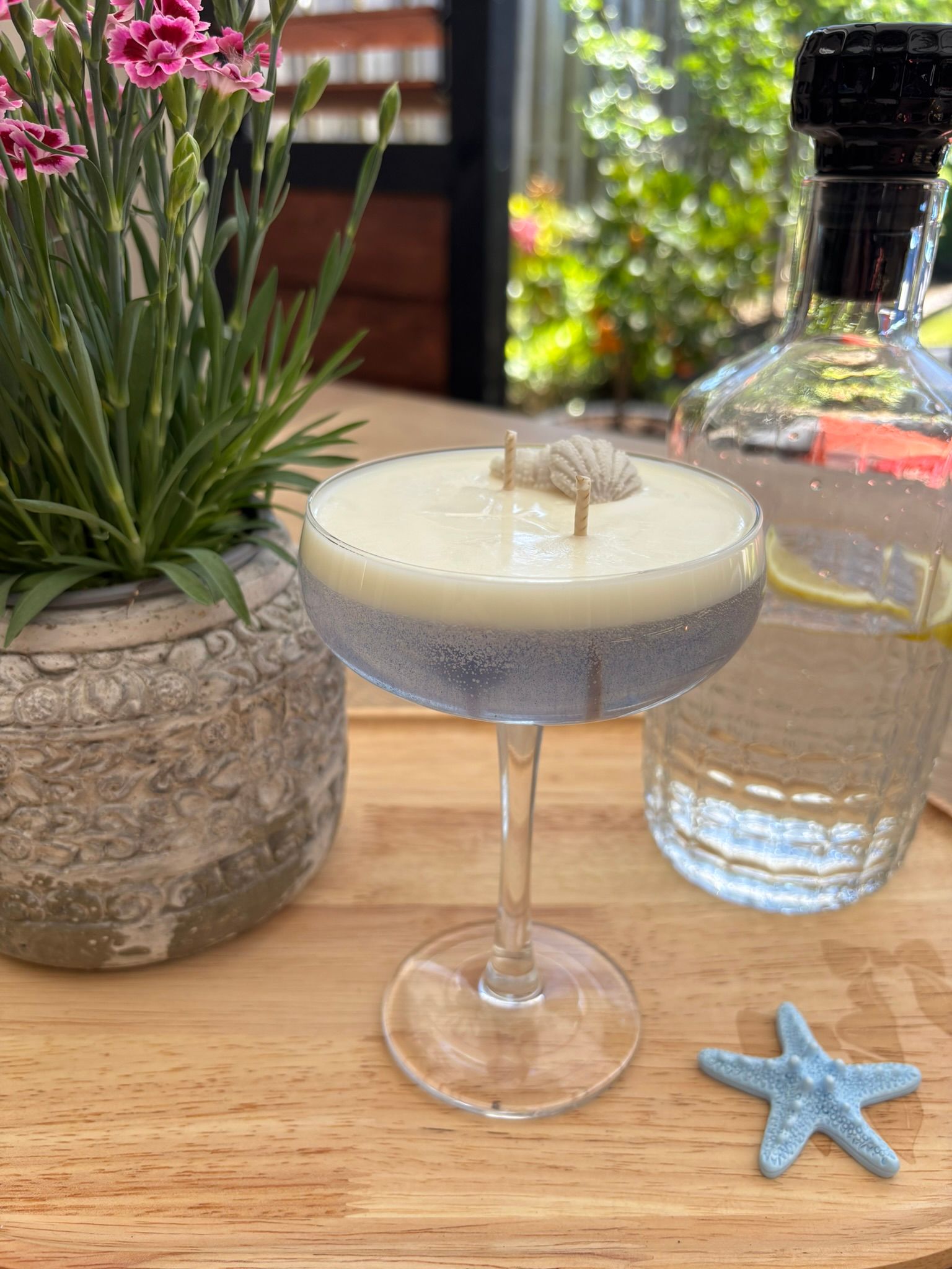 Een cocktail in een coupeglas naast een fles water, een blauwe zeester en potplanten op een houten tafel.
