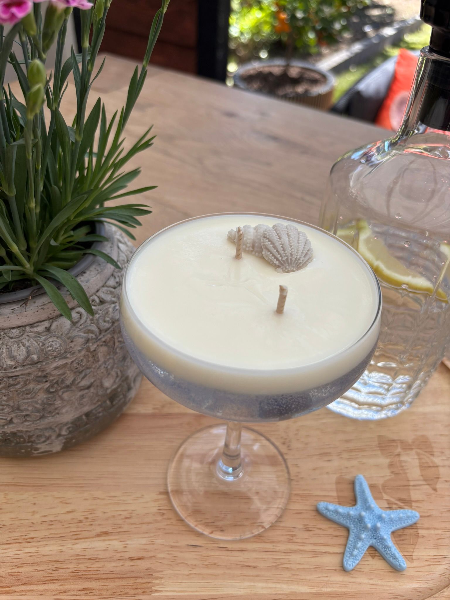 Een cocktail in een coupeglas naast een fles water, een blauwe zeester en potplanten op een houten tafel.