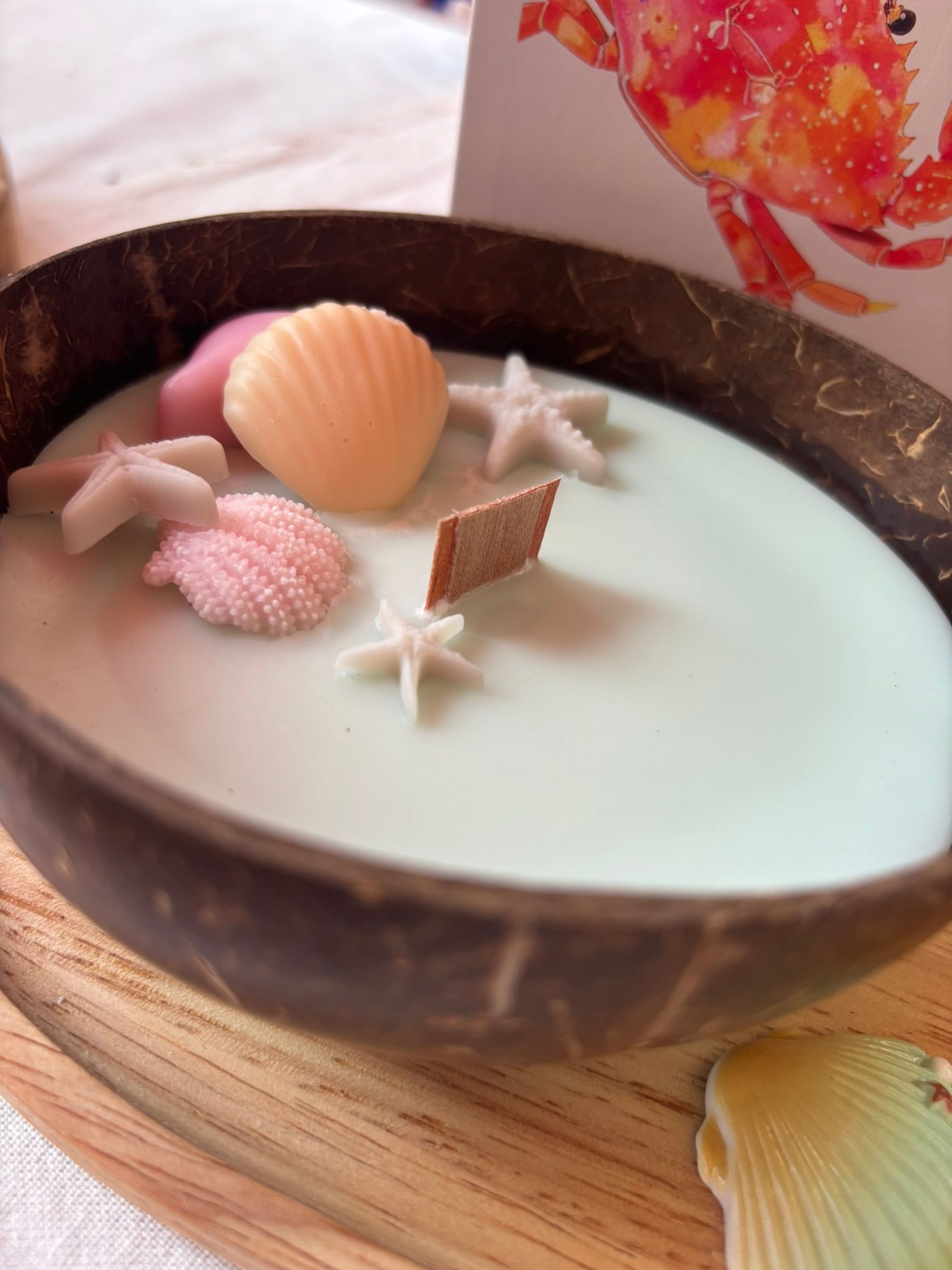 Decoratieve kokosnootschaal met witte kaars, schelpen, zeesterren en een pastelkleurige kaart met koraal- en visafbeeldingen.