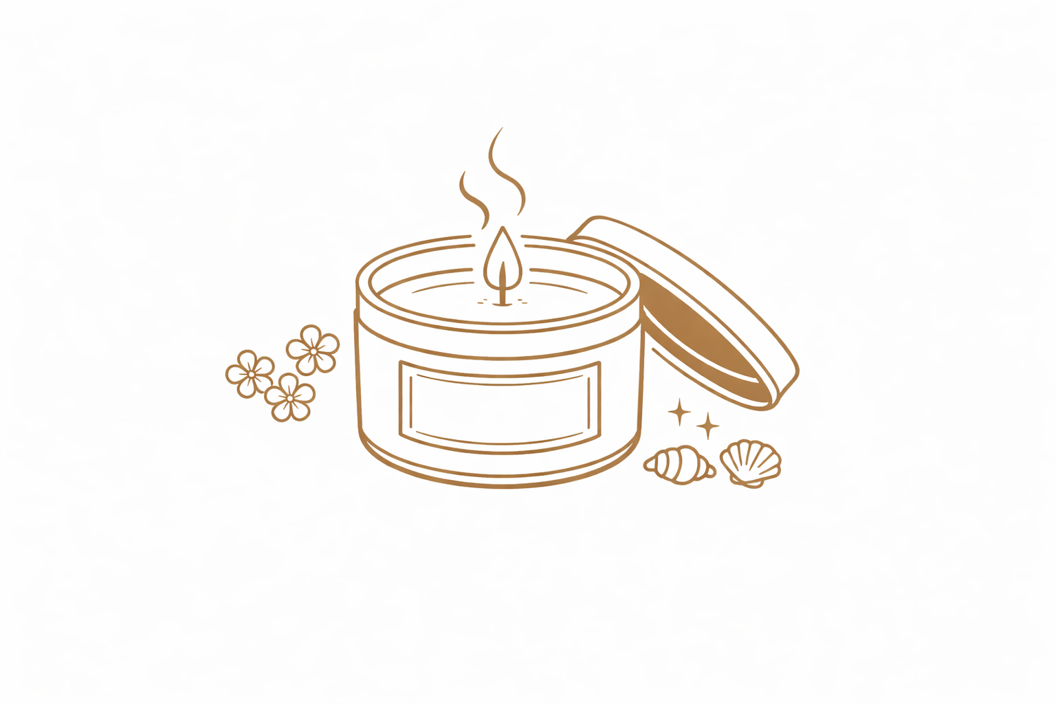 Een kaars in een blikken doosje met een brandende lont, het deksel opzij geschoven, omringd door bloemen en schelpen.