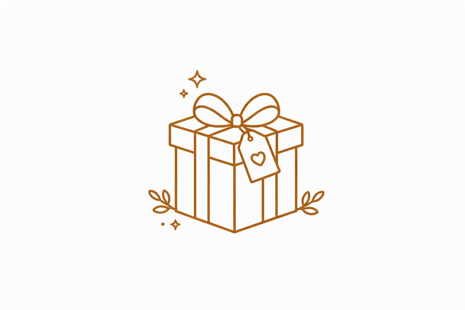 Gouden lijntekening van een geschenkdoos met strik, label en kleine takjes.