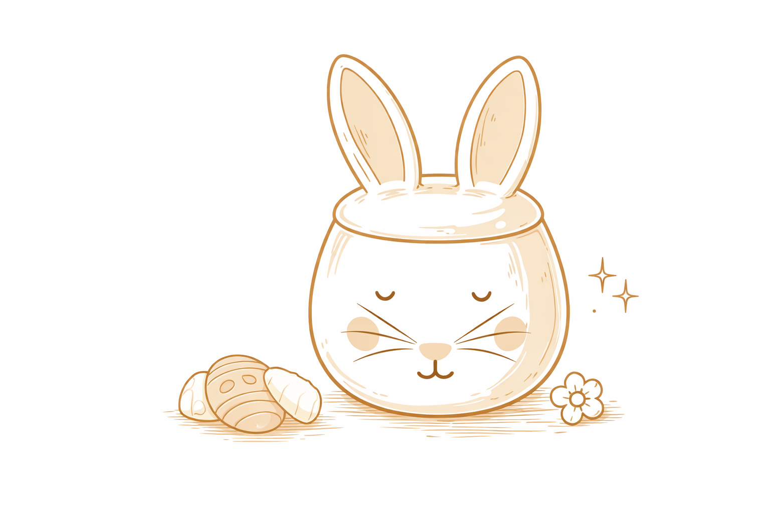 Een lichtbruine, cartoonachtige kom in de vorm van een konijn staat naast een kleine wortel en een bloem, alles op een witte achtergrond.