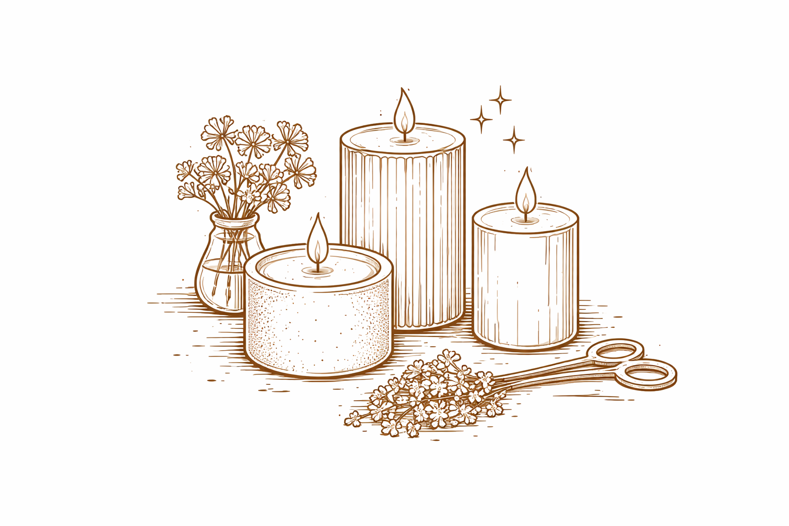Een lijntekening in bruine inkt met drie kaarsen, een klein vaasje met bloemen en een lontknipper.